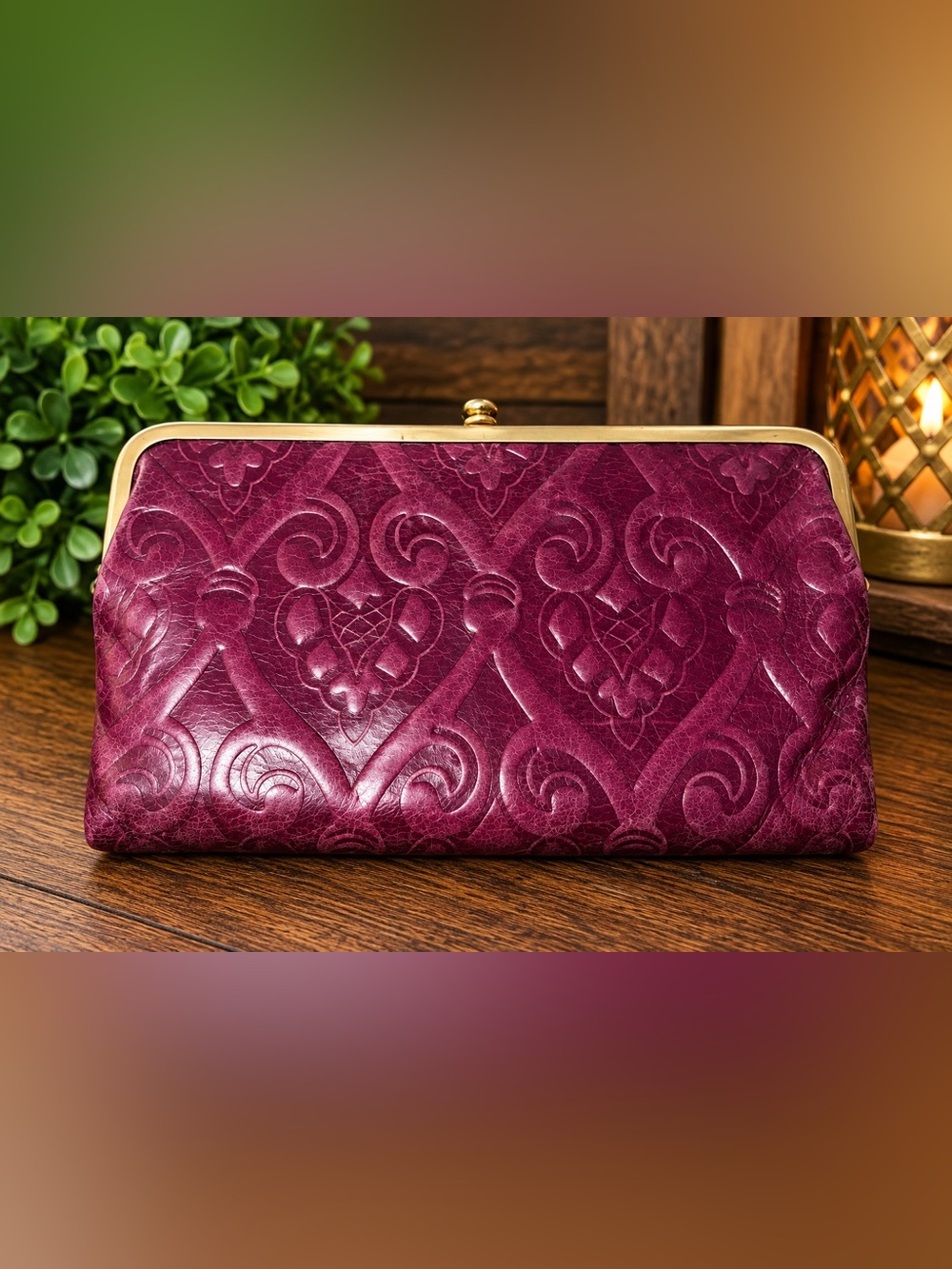 HOBO Lauren Berry Plum Embossed Leather Double Frame Clutch Wallet